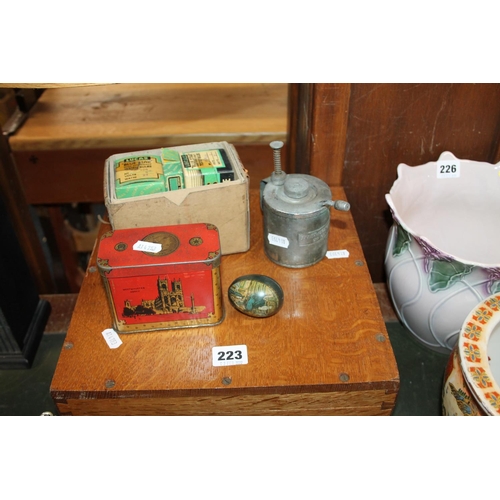 223 - Oak box, vintage tins, Lucas bulbs, sprayer, etc.