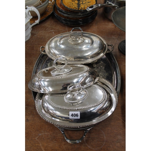 406 - Silver-plate to include a twin-handled tray, tureens, etc.