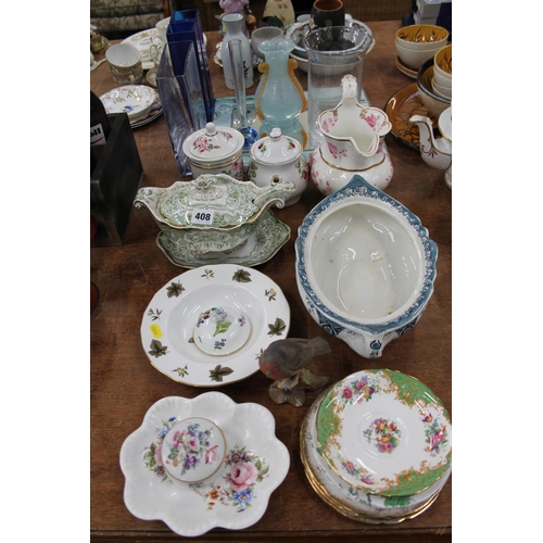 408 - Ceramics and tea ware to include a small tureen, a robin model, a Victorian jug, etc.