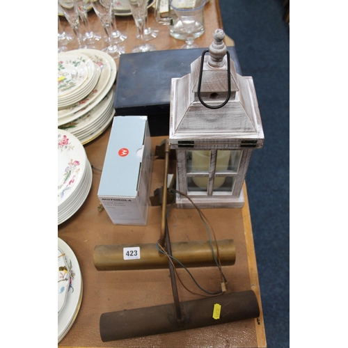 423 - Two brass picture lights, a candle lantern, and a metal storage box.