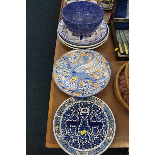 428 - Ceramics to include Spanish chargers, a Greek deer decorated plate, etc.