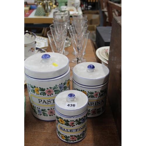 436 - Three Italian storage jars for pasta, celfino and farina.