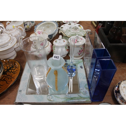 442 - Art Glass vase, a mirror, pair of two dark blue vases, etc.