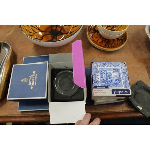 445 - Royal Worcester and Coalport coasters, boxed, and a Wedgwood glass paperweight, boxed.