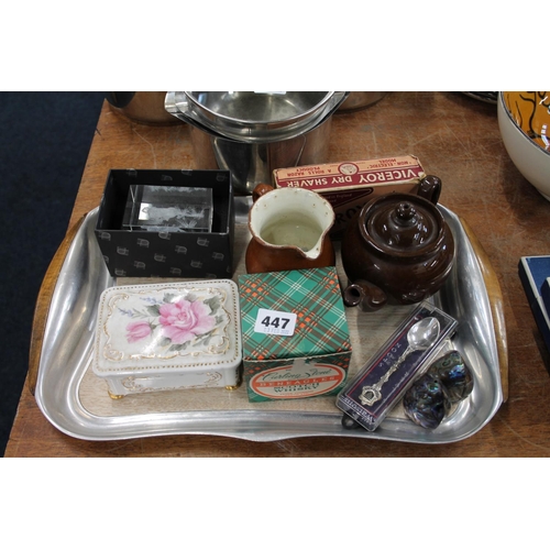 447 - Picquot ware tray, Beneagles curling stone decanter, New Zealand salt and pepper pots, glass paperwe... 