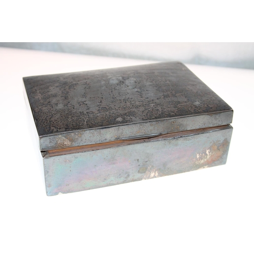 454 - Silver cigarette box, wood lined, 872g gross.