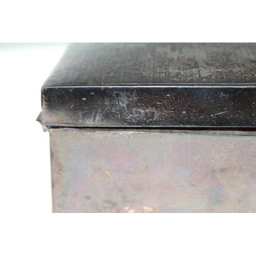 454 - Silver cigarette box, wood lined, 872g gross.