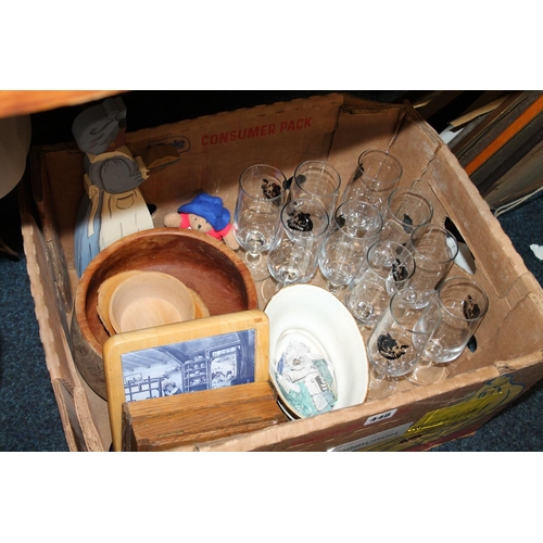 448 - Cow decorated drinking glasses, Cole & Mason wooden salad bowl, other treen bowls, etc.