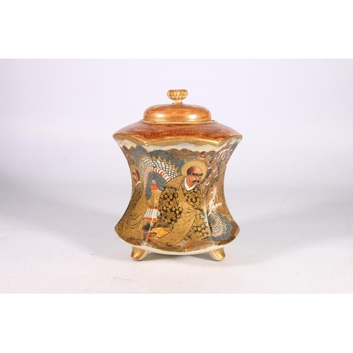 457 - Satsuma jar and cover of hexagonal form on triple supports the body decorated with multiple figures.... 