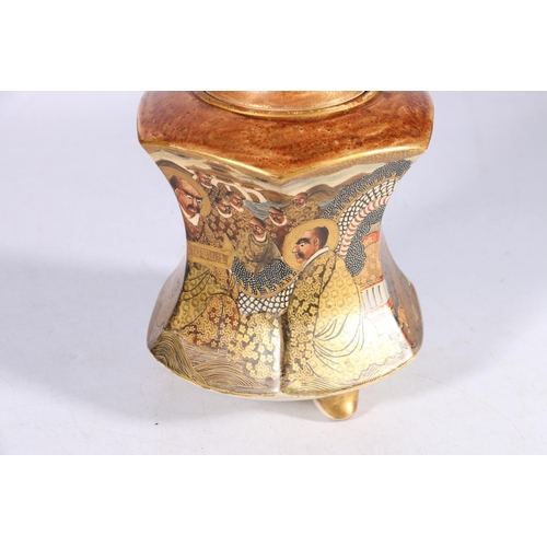 457 - Satsuma jar and cover of hexagonal form on triple supports the body decorated with multiple figures.... 