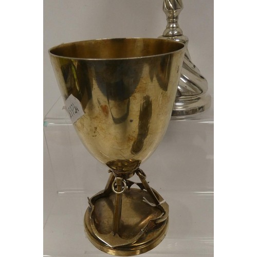 313 - Silver mate cup with bombilla, a floral ornament and a trophy cup on three anchors.