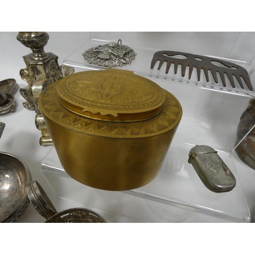 315 - Silver glory, an enamelled gilt metal tea caddy and other items, some silver.