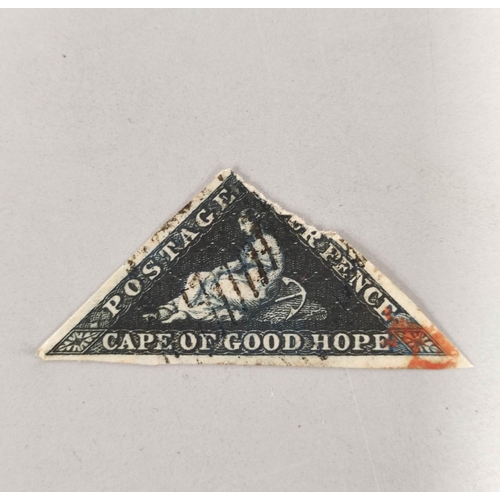 269 - 1855 Cape of Good Hope 6d imperforated triangular stamp with red postmark. 