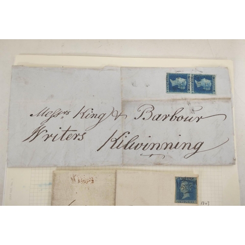 274 - Great Britain. Collector's album sheet containing three Victorian letters with imperforated 2d blue ... 