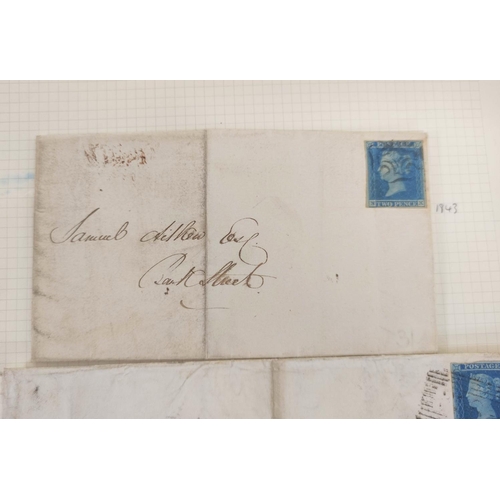 274 - Great Britain. Collector's album sheet containing three Victorian letters with imperforated 2d blue ... 