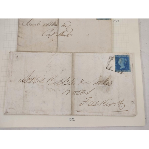 274 - Great Britain. Collector's album sheet containing three Victorian letters with imperforated 2d blue ... 