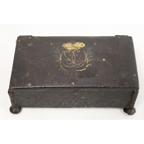 257 - Antique iron box of small rectangular form with worn damascened decoration of royal cypher with scro... 