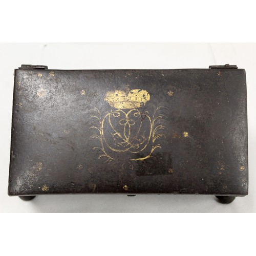 257 - Antique iron box of small rectangular form with worn damascened decoration of royal cypher with scro... 