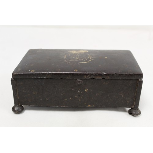 257 - Antique iron box of small rectangular form with worn damascened decoration of royal cypher with scro... 