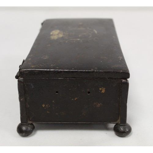 257 - Antique iron box of small rectangular form with worn damascened decoration of royal cypher with scro... 