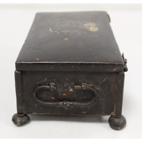 257 - Antique iron box of small rectangular form with worn damascened decoration of royal cypher with scro... 