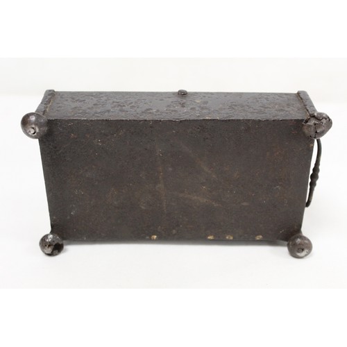 257 - Antique iron box of small rectangular form with worn damascened decoration of royal cypher with scro... 