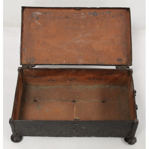 257 - Antique iron box of small rectangular form with worn damascened decoration of royal cypher with scro... 