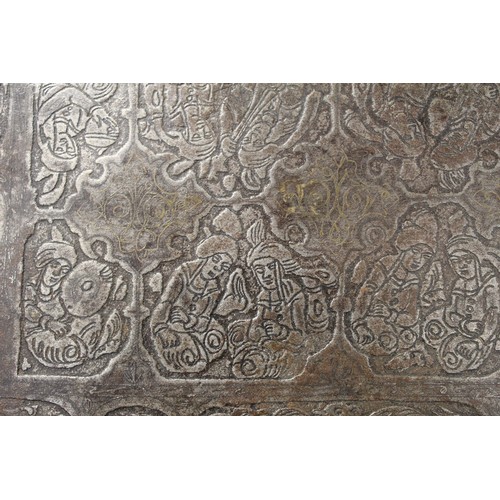 258 - Antique Persian metal box with multiple embossed panels of figures, animals and script and additiona... 