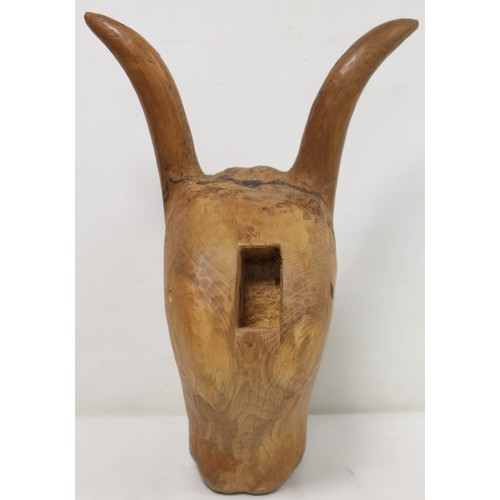 259 - Carved wooden head of an ox, sculpted from a single block of wood, incised with number XVI, 48cm lon... 