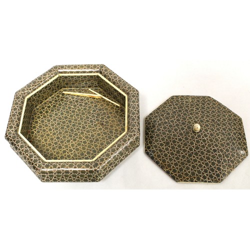 260 - Indian Vizagapatam box of octagonal form decorated with micro mosaic star lattice work, 24cm wide; a... 