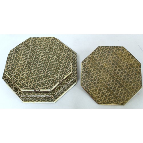 260 - Indian Vizagapatam box of octagonal form decorated with micro mosaic star lattice work, 24cm wide; a... 