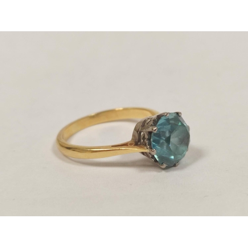 40 - Blue zircon ring, 9mm in 18ct gold, 1972, size 'N'. Very minor scuffs on facet edges otherwise good.