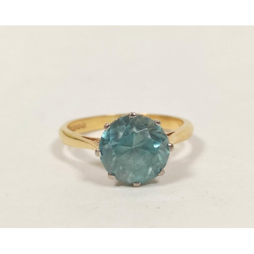 40 - Blue zircon ring, 9mm in 18ct gold, 1972, size 'N'. Very minor scuffs on facet edges otherwise good.