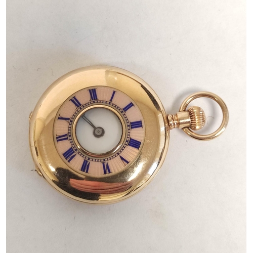 50 - Geneva lever keyless watch in gold half hunter case with enamelled chapters, '10c', 36mm. 