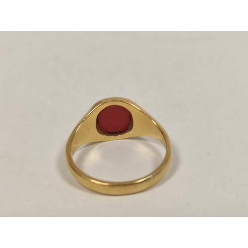 53 - 18ct gold very large sized signet ring with carnelian, 23.6mm diameter, 12.6g gross.