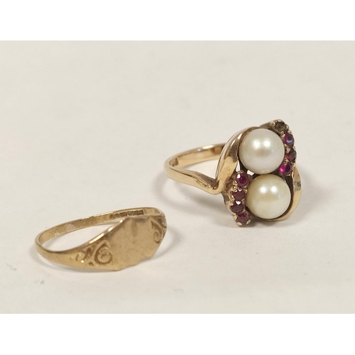 56 - 9ct gold ring with rubies and two pearls, another and a locket, 5.2g.