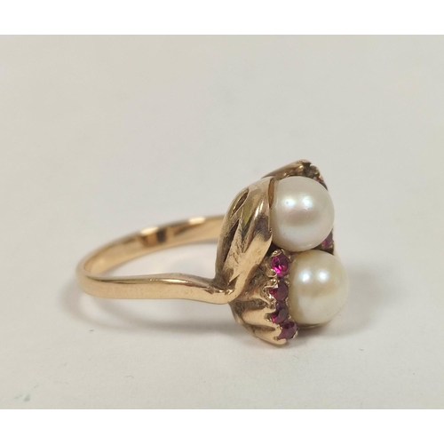 56 - 9ct gold ring with rubies and two pearls, another and a locket, 5.2g.