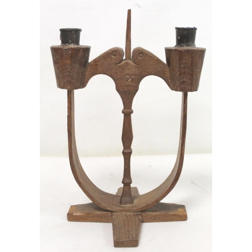 270 - Carved oak candelabra, possibly Scandinavian, the twin sconces on carved branch, knopped column with... 