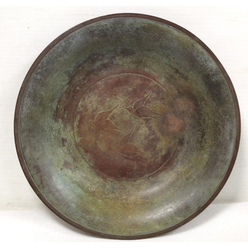 272 - Danish Argentor patinated bronze circular dish with central panel of three flying birds, 18.5cm diam... 