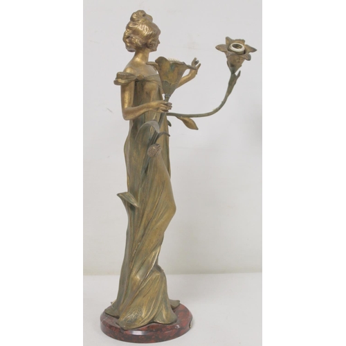 273 - French Art Nouveau green and gilt patinated spelter lamp base in the form of a maiden in diaphanous ... 