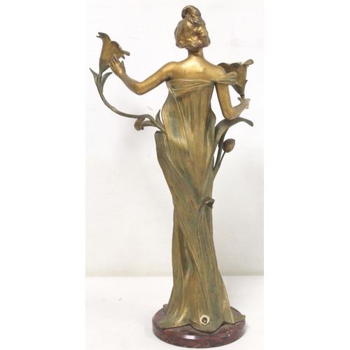 273 - French Art Nouveau green and gilt patinated spelter lamp base in the form of a maiden in diaphanous ... 