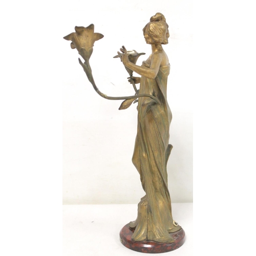 273 - French Art Nouveau green and gilt patinated spelter lamp base in the form of a maiden in diaphanous ... 