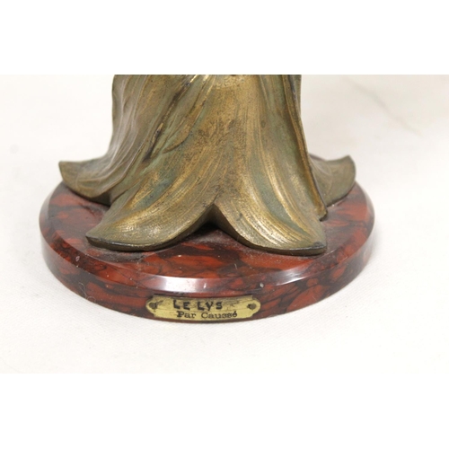 273 - French Art Nouveau green and gilt patinated spelter lamp base in the form of a maiden in diaphanous ... 