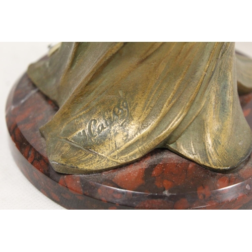 273 - French Art Nouveau green and gilt patinated spelter lamp base in the form of a maiden in diaphanous ... 