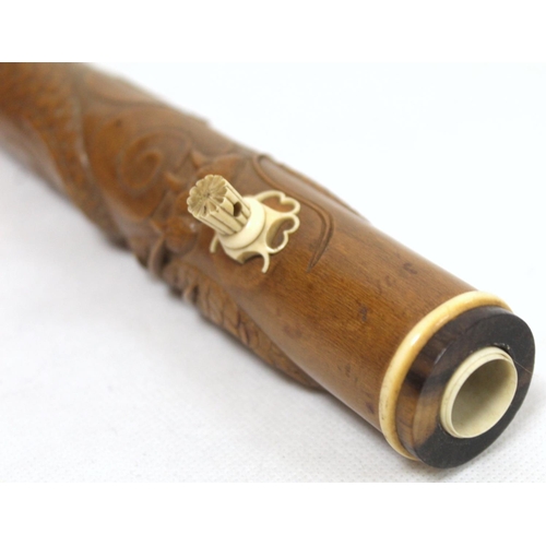 289 - Japanese Kiseruzutsu bamboo/wooden pipe case with carved decoration of a scrolling dragon and marque... 