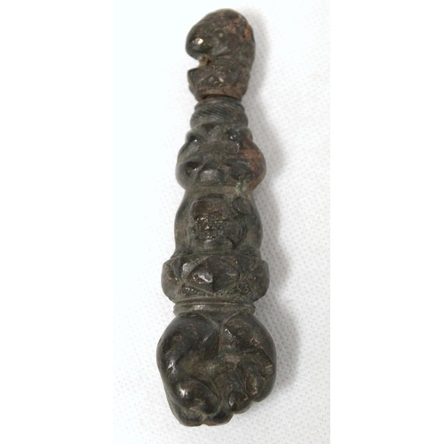 290 - Eastern bronze weight or toggle with ram's head finial, moulded figure of buddha as a child and fist... 