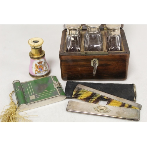 292 - Victorian rosewood box containing three small glass scent bottles with white metal caps; small silve... 