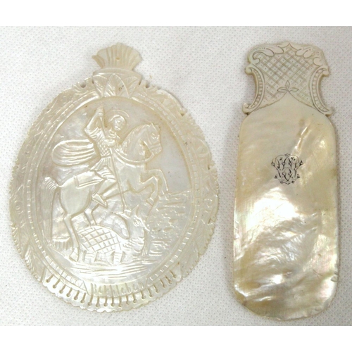 297 - Carved pierced mother of pearl shell inscribed 