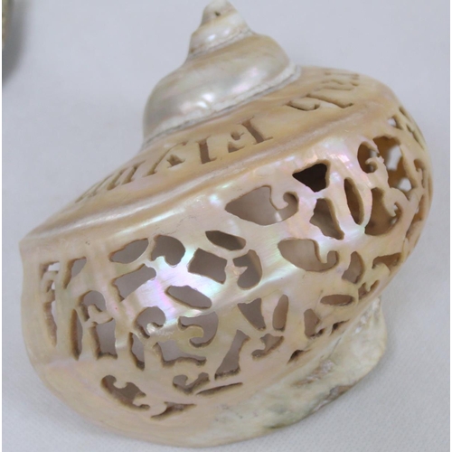 297 - Carved pierced mother of pearl shell inscribed 