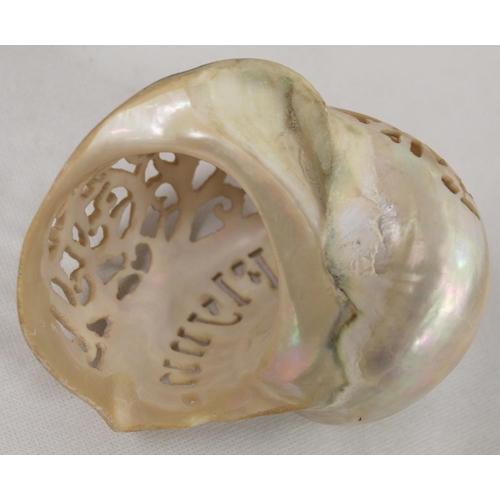 297 - Carved pierced mother of pearl shell inscribed 